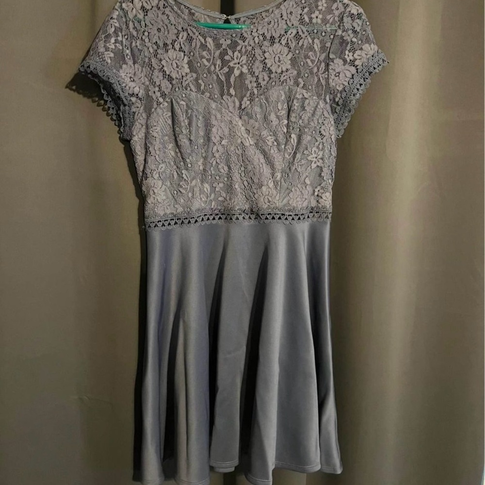 Blue-gray semi formal dress. Lace overlay on top, satin bottom.